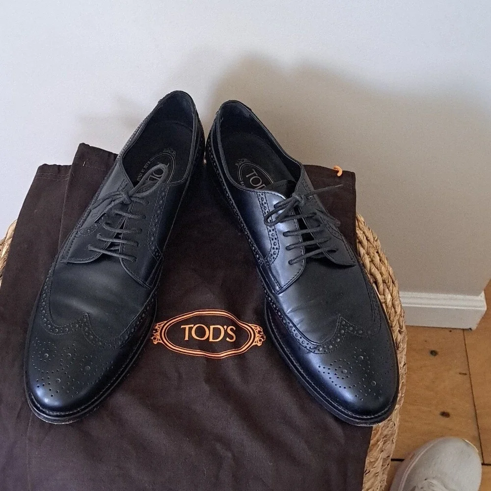 Tod's Mens Classic  Black Italian Leather Wingtip Oxford Dress Shoes‎ US12/IT11